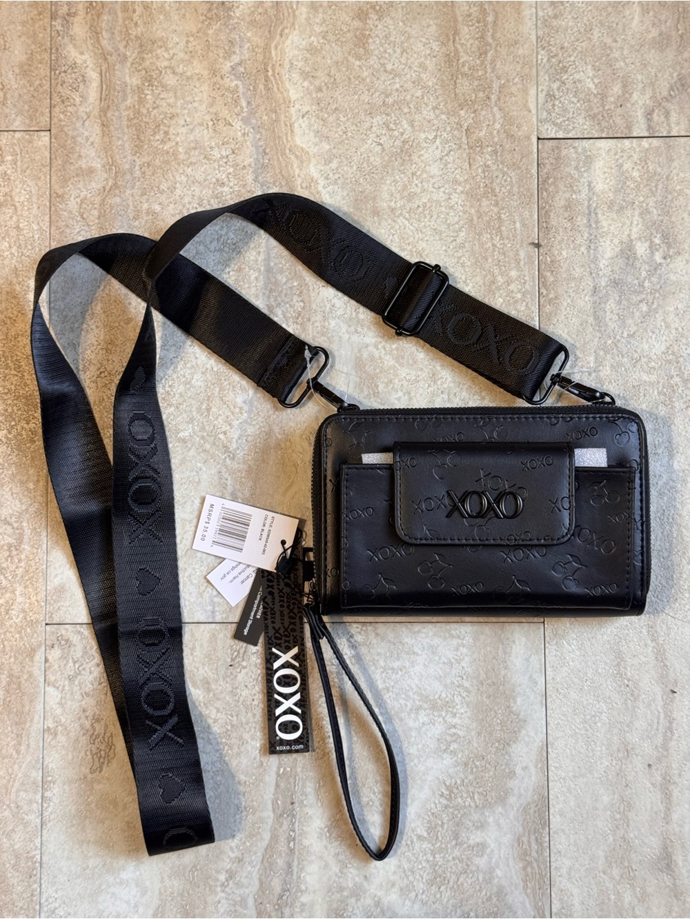 XOXO Black Embossed Crossbody Wallet with Branded Strap